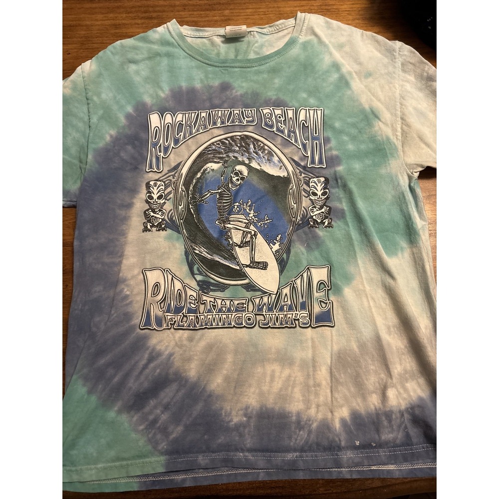 Rockaway Beach Flamingo Jim's Surfing Skeleton Tie-dye T-Shirt Large Vintage